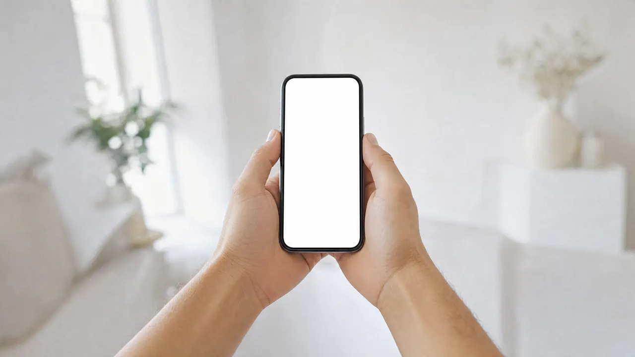 A phone held in both hands, its screen the brightest thing in the room