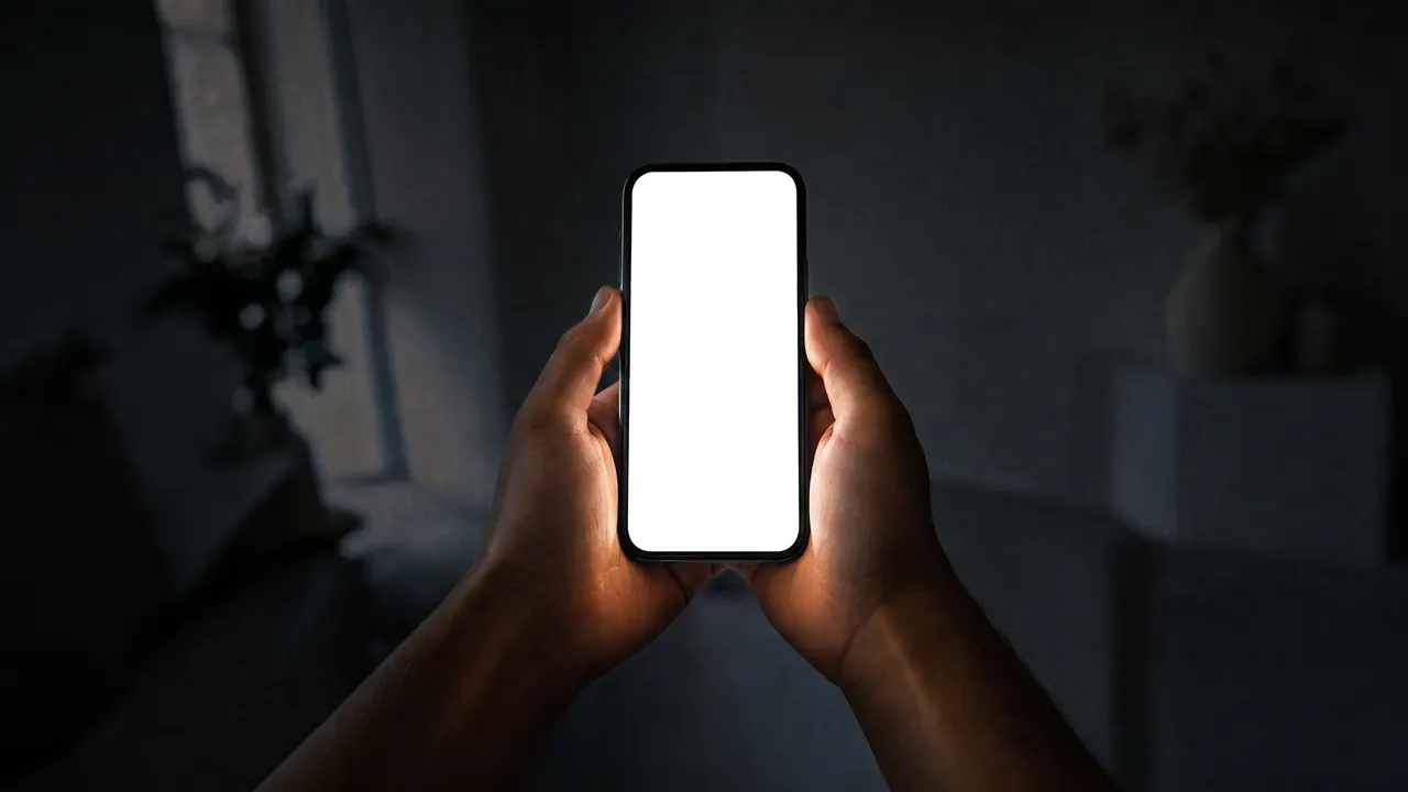 A phone held in both hands, its screen the brightest thing in the room
